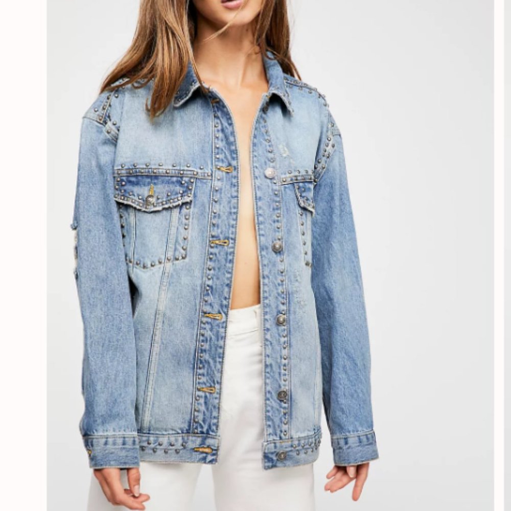 Free People Studded Denim Trucker Jacket